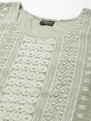 women's calf length round neck olive embellished straight kurta 3
