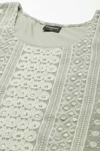 women's calf length round neck olive embellished straight kurta