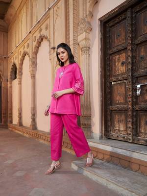 Fuchsia Embroidered Sleeve Shirt Kurti With Palazzos 1