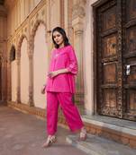 Fuchsia Embroidered Sleeve Shirt Kurti With Palazzos