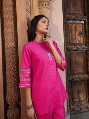 Fuchsia Embroidered Sleeve Shirt Kurti With Palazzos 2