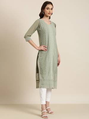 women's calf length round neck olive embellished straight kurta 5