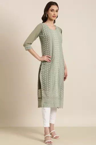 women's calf length round neck olive embellished straight kurta