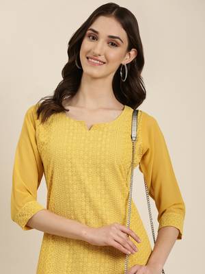 women's calf length round neck mustard embellished straight kurta 1
