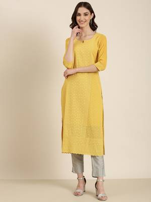 women's calf length round neck mustard embellished straight kurta 2