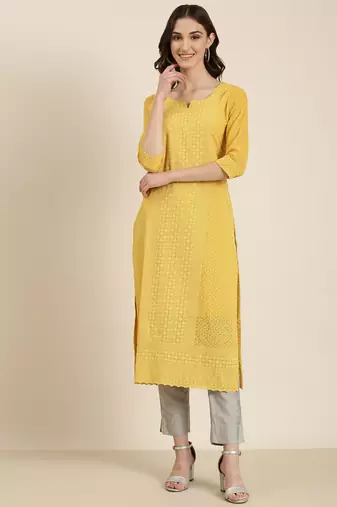 women's calf length round neck mustard embellished straight kurta