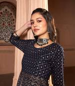 Navy Chevron Foil Anarkali Kurta With Pants