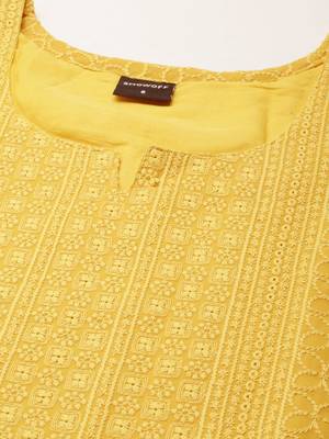 women's calf length round neck mustard embellished straight kurta 3