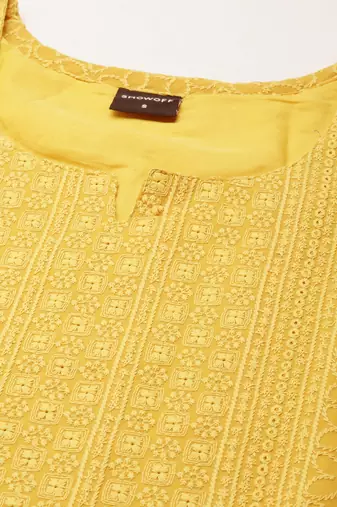 women's calf length round neck mustard embellished straight kurta