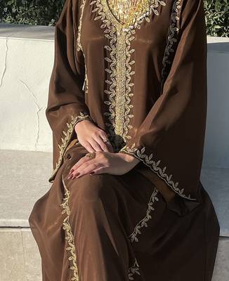 Grand Chocolate Brown Kaftan Gown with Gold Zari & Bead Work | Event Dress 1