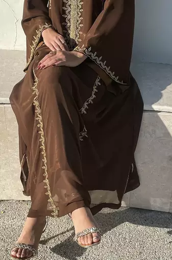 Grand Chocolate Brown Kaftan Gown with Gold Zari & Bead Work | Event Dress