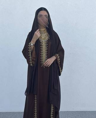 Grand Chocolate Brown Kaftan Gown with Gold Zari & Bead Work | Event Dress 3