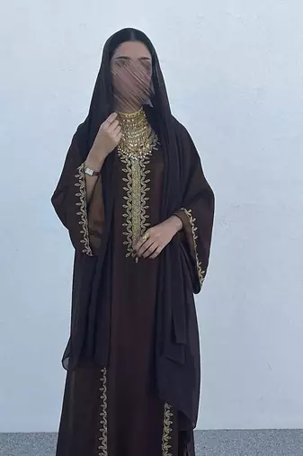 Grand Chocolate Brown Kaftan Gown with Gold Zari & Bead Work | Event Dress