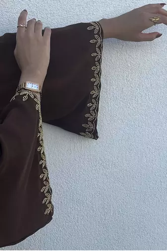 Grand Chocolate Brown Kaftan Gown with Gold Zari & Bead Work | Event Dress