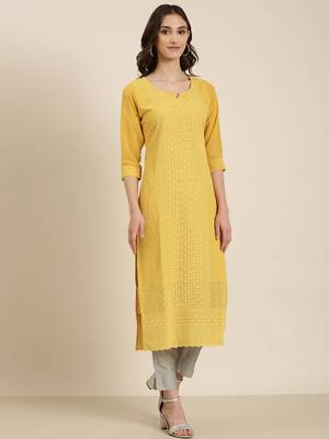 women's calf length round neck mustard embellished straight kurta 5
