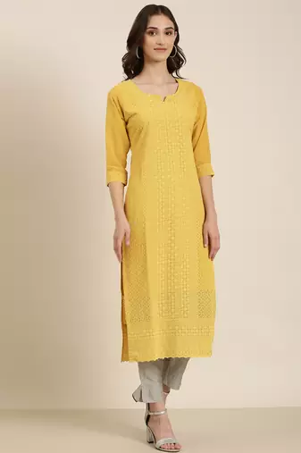 women's calf length round neck mustard embellished straight kurta