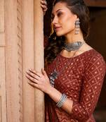 Rust Chevron Foil Anarkali Kurta With Pants