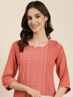 women's calf length round neck peach embellished straight kurta 1