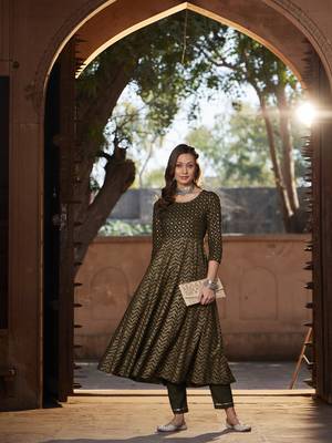 Olive Chevron Foil Anarkali Kurta With Pants 1