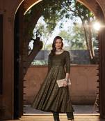 Olive Chevron Foil Anarkali Kurta With Pants
