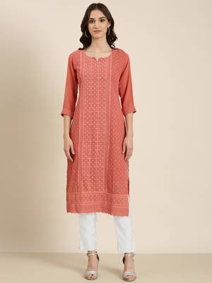women's calf length round neck peach embellished straight kurta 2