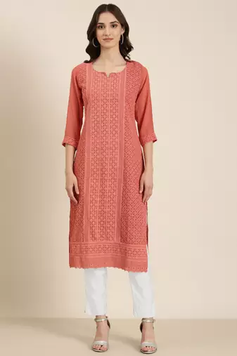 women's calf length round neck peach embellished straight kurta