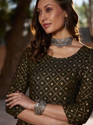 Olive Chevron Foil Anarkali Kurta With Pants 2