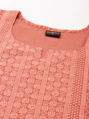 women's calf length round neck peach embellished straight kurta 3