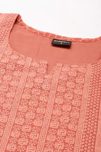 women's calf length round neck peach embellished straight kurta