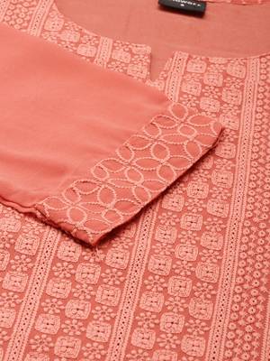 women's calf length round neck peach embellished straight kurta 4