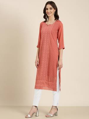 women's calf length round neck peach embellished straight kurta 5