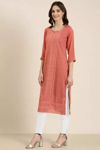 women's calf length round neck peach embellished straight kurta