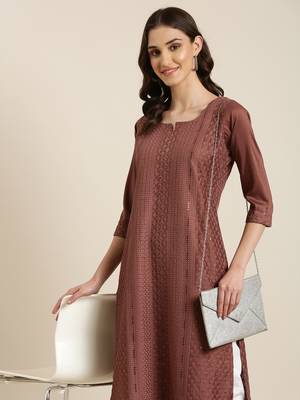 women's calf length round neck brown embellished straight kurta 1