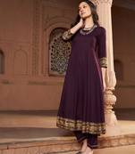 Burgundy Floral Foil Border Anarkali Kurta With Pants