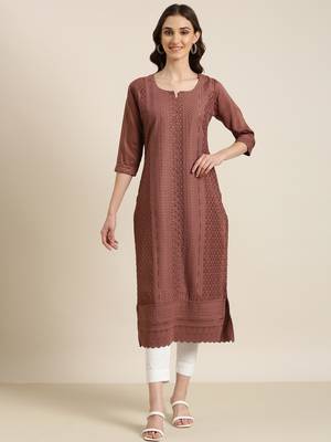 women's calf length round neck brown embellished straight kurta 2