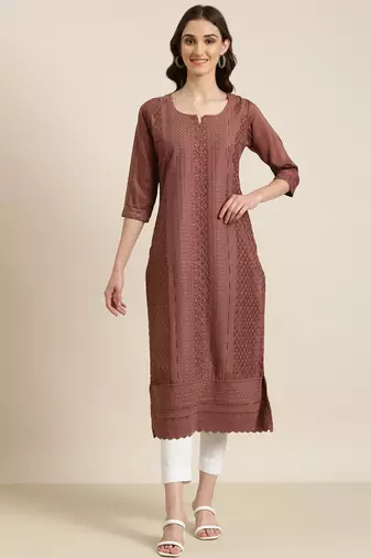 women's calf length round neck brown embellished straight kurta
