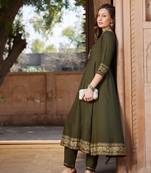 Olive Floral Foil Border Anarkali Kurta With Pants