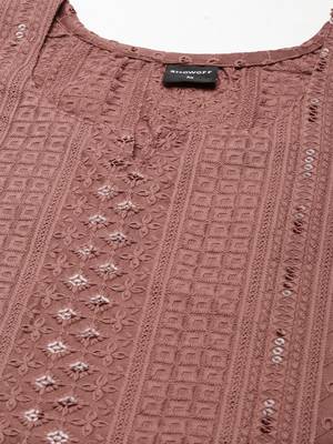 women's calf length round neck brown embellished straight kurta 3