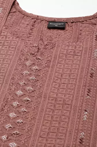 women's calf length round neck brown embellished straight kurta