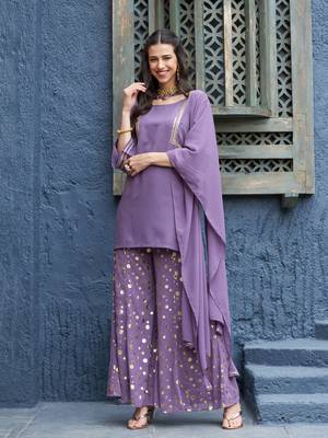 Purple Emb Short Kurta With Foil Palazzo And Dupatta 1