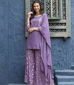 Purple Emb Short Kurta With Foil Palazzo And Dupatta