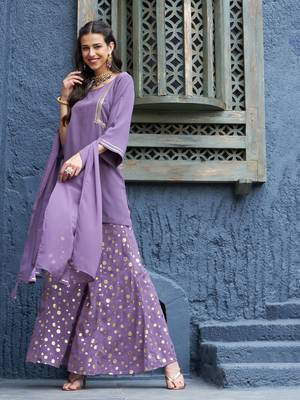 Purple Emb Short Kurta With Foil Palazzo And Dupatta 3