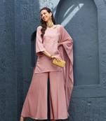 Baked Pink Emb Short Kurta With Palazzo And Dupatta