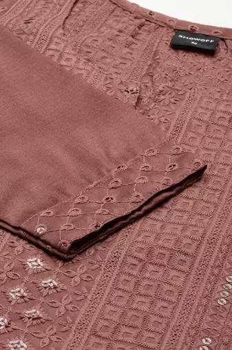 women's calf length round neck brown embellished straight kurta