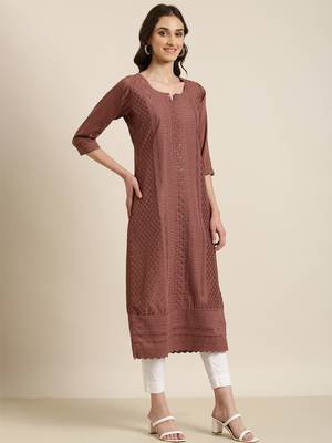 women's calf length round neck brown embellished straight kurta 5