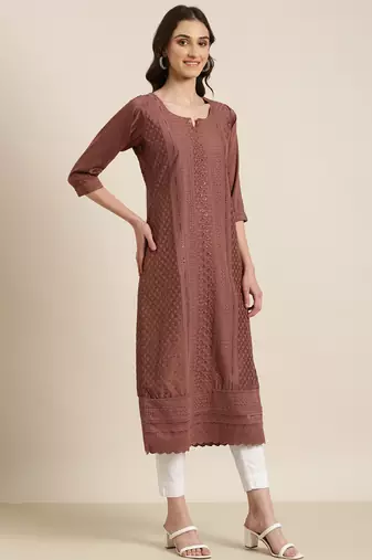 women's calf length round neck brown embellished straight kurta