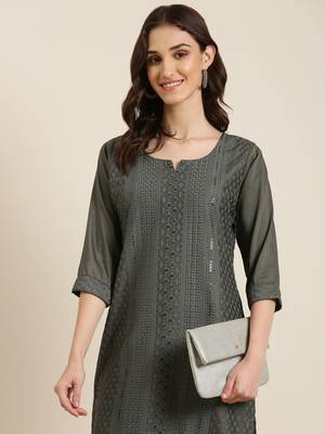 women's calf length round neck grey embellished straight kurta 1