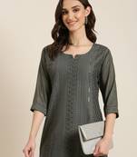 women's calf length round neck grey embellished straight kurta
