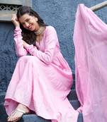 Pink Tiered Kurta Set With Gota Dupatta