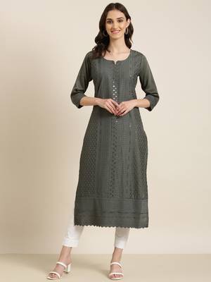 women's calf length round neck grey embellished straight kurta 2
